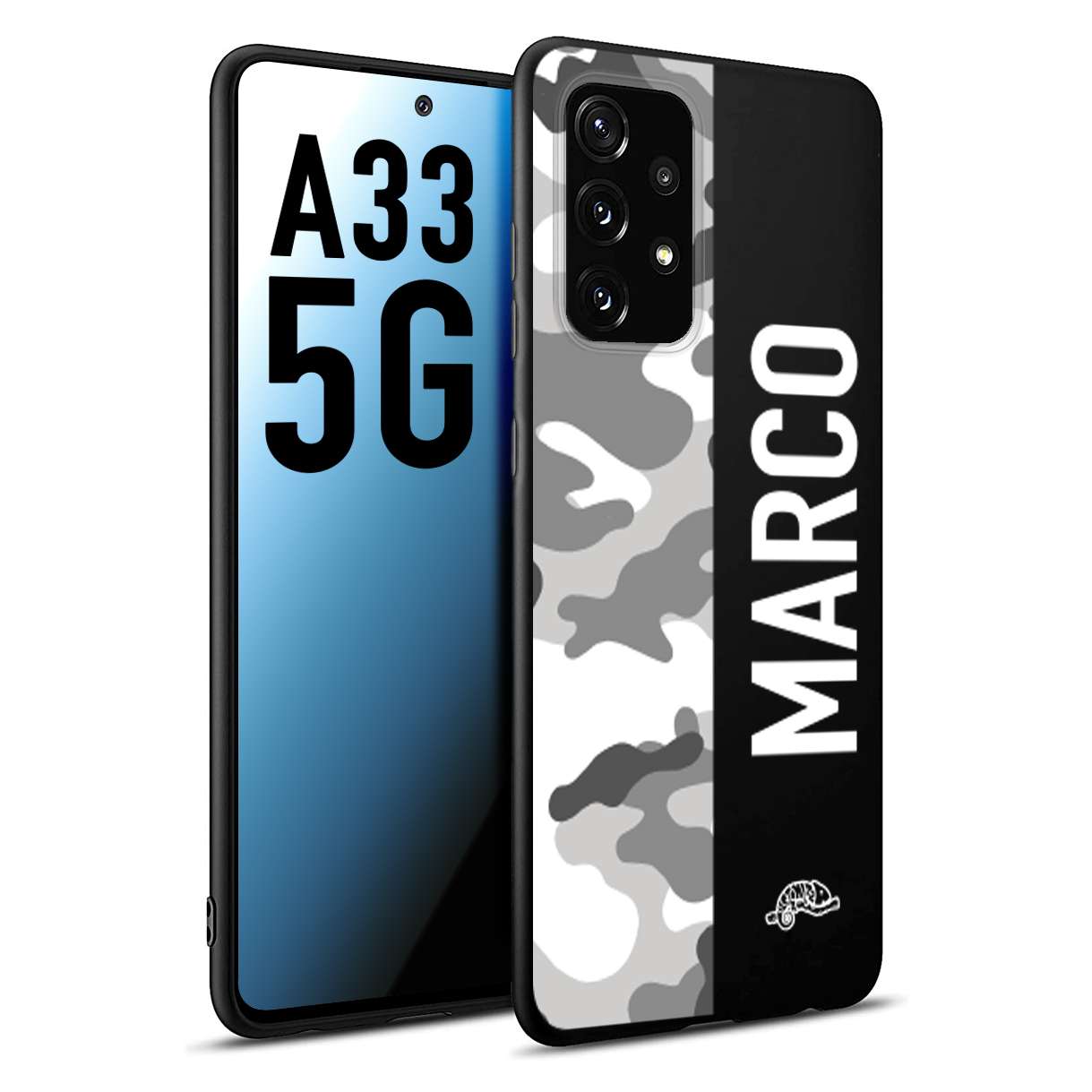 CUSTOMIZZA - Custodia cover nera morbida in tpu compatibile per Samsung A33 5G camouflage mimetico militare personalizzata nome bianco