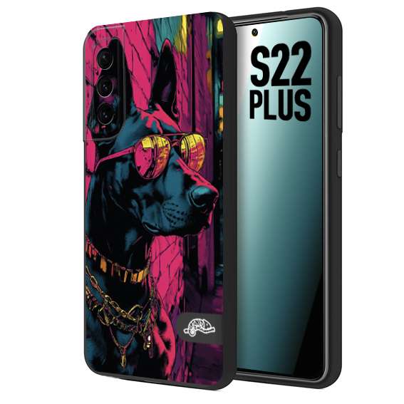 CUSTOMIZZA - Custodia cover nera morbida in tpu compatibile per Samsung S22 PLUS animali cyberpunk dobermann cane street dog fucsia blu