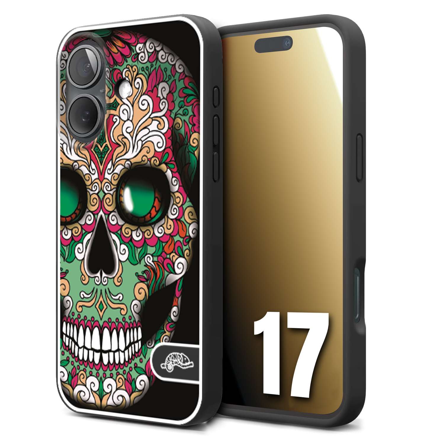 CUSTOMIZZA - Custodia cover nera morbida in tpu compatibile per iPhone 17 teschio messicano Mexican skull verde fucsia