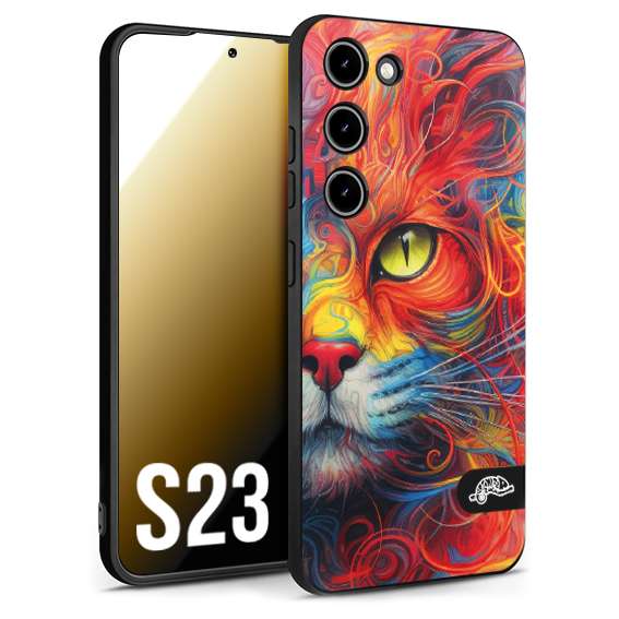 CUSTOMIZZA - Custodia cover nera morbida in tpu compatibile per Samsung S23 animali color cat gatto viso colori vibranti disegnato schizzo