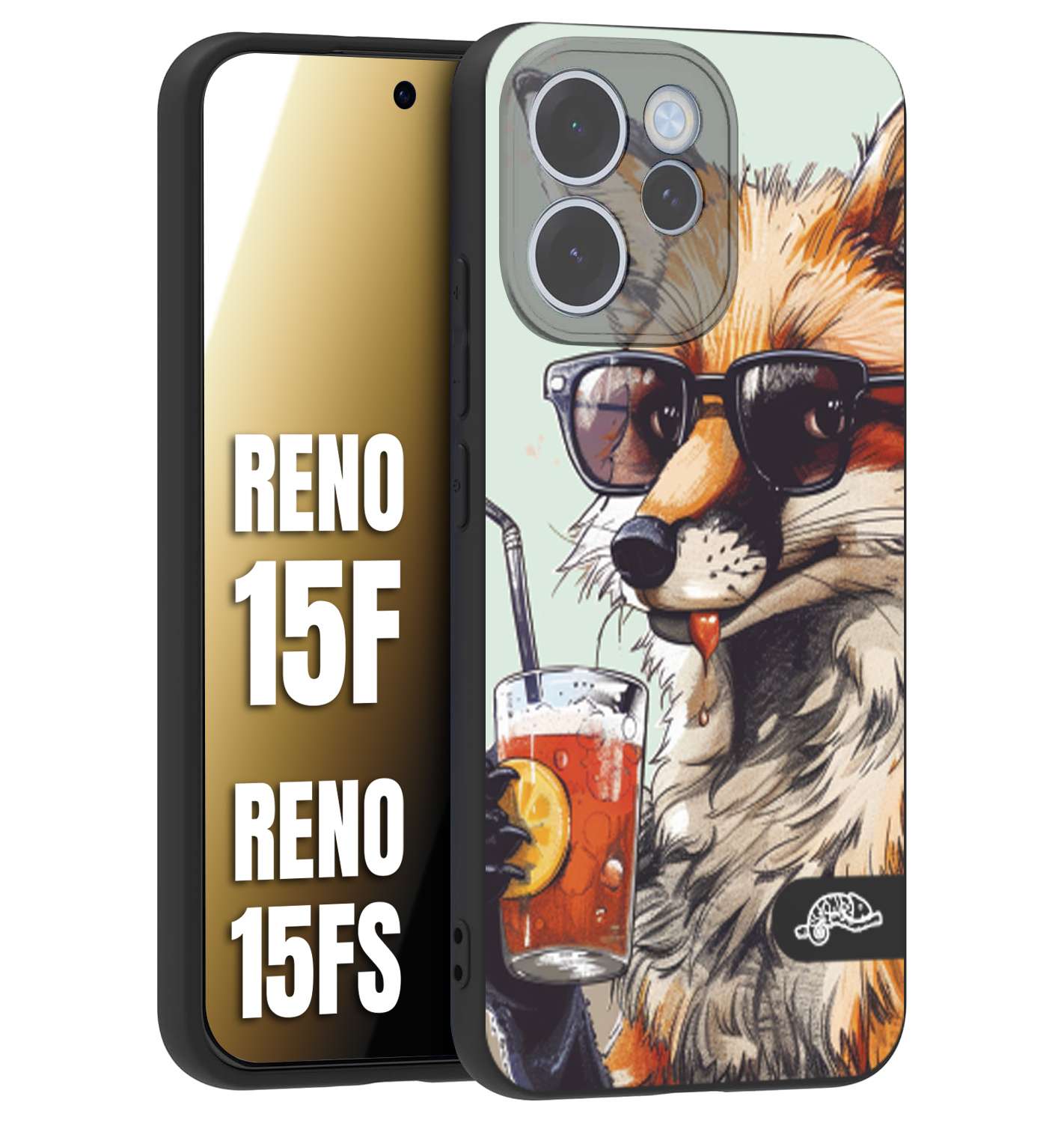 CUSTOMIZZA - Custodia cover nera morbida in tpu compatibile per Oppo Reno 15 F - Reno 15 FS estate disegnata cocktails animali simpatici fox volpe negroni