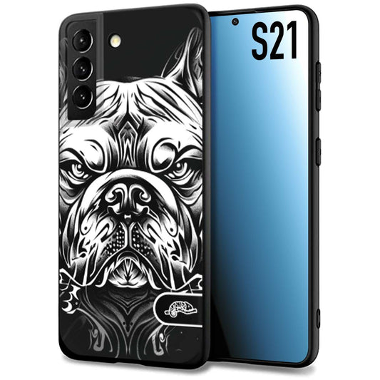 CUSTOMIZZA - Custodia cover nera morbida in tpu compatibile per Samsung S21 bulldog bianco a rilievo disegnato tattoo tatuaggio