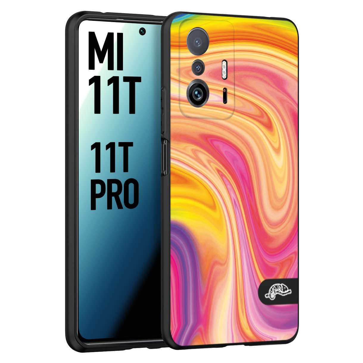 CUSTOMIZZA - Custodia cover nera morbida in tpu compatibile per Xiaomi Mi 11T - Mi 11T PRO colorata fantasia vortice marmo onde rosa fucsia gialla