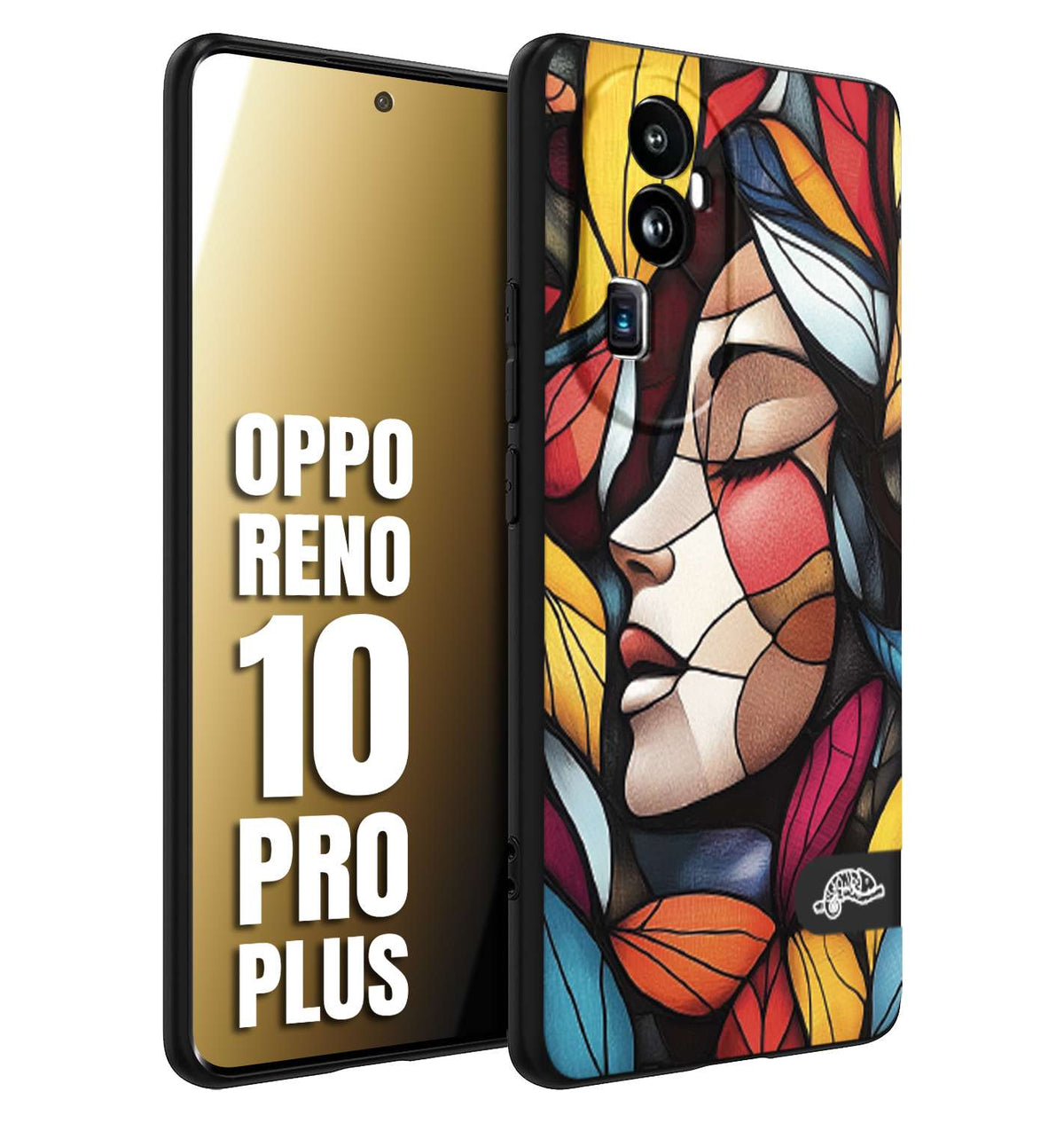 CUSTOMIZZA - Custodia cover nera morbida in tpu compatibile per Oppo Reno 10 PRO PLUS Vetrata artistica volto di donna profilo fogliare mosaico di vetro colorato