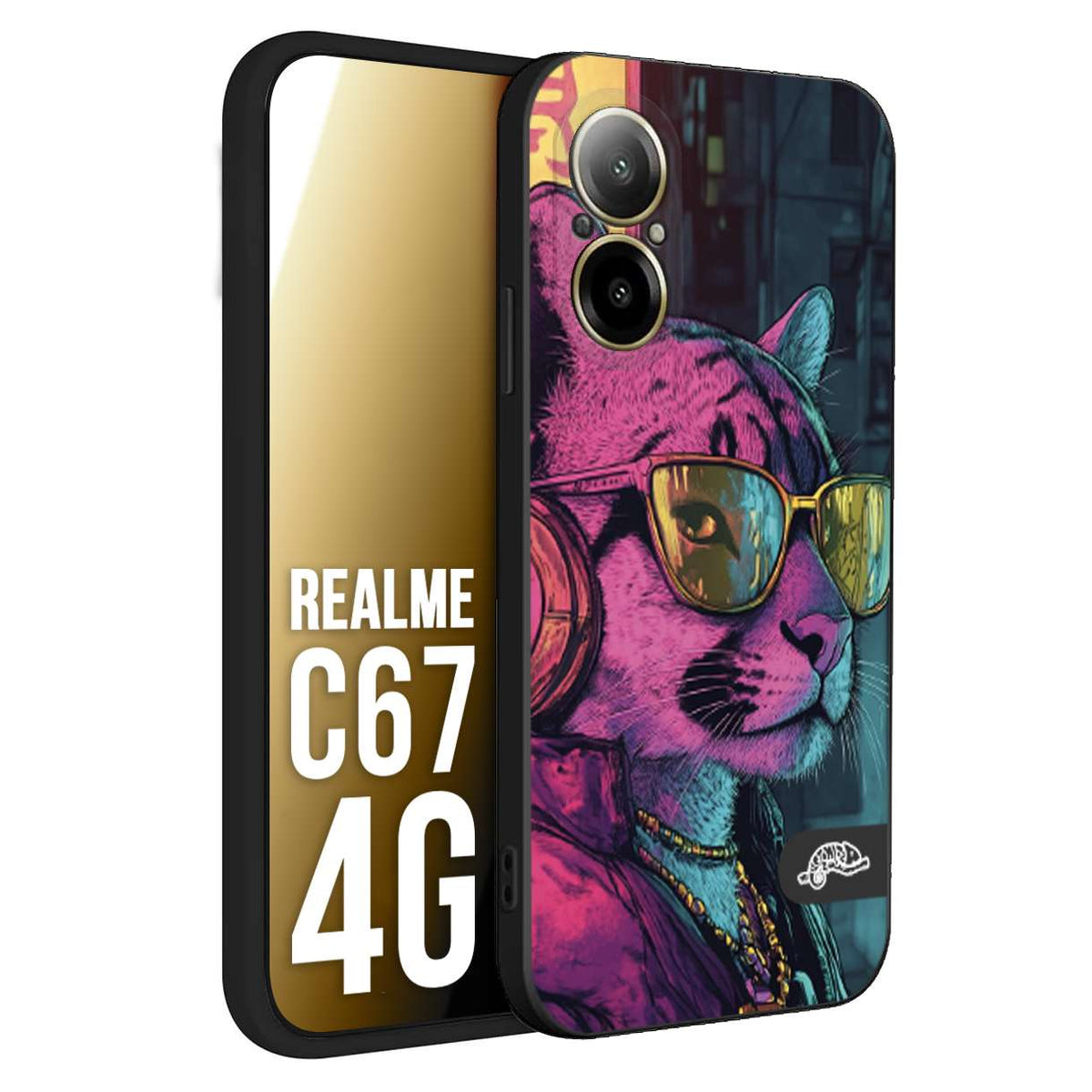 CUSTOMIZZA - Custodia cover nera morbida in tpu compatibile per Realme C67 4G animali cyberpunk pantera street cat fucsia blu giallo