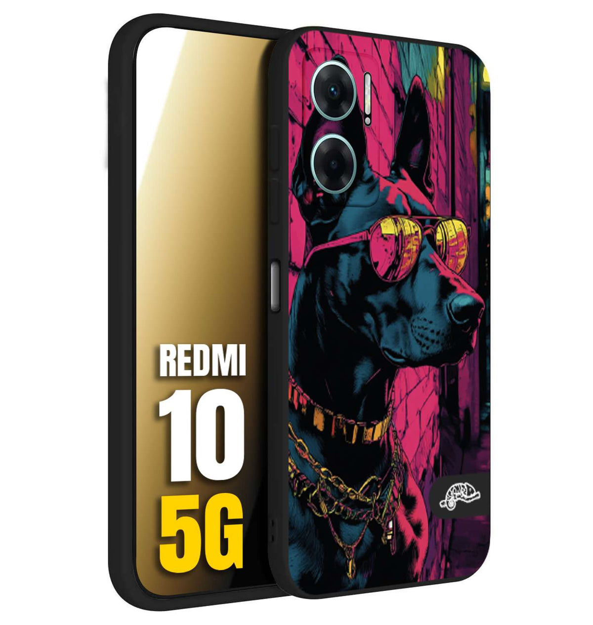 CUSTOMIZZA - Custodia cover nera morbida in tpu compatibile per Xiaomi Redmi 10 5G animali cyberpunk dobermann cane street dog fucsia blu