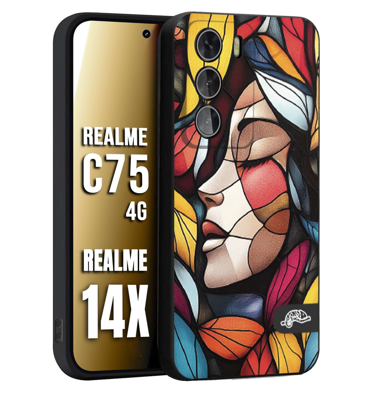 CUSTOMIZZA - Custodia cover nera morbida in tpu compatibile per Realme 14X - C75 4G Vetrata artistica volto di donna profilo fogliare mosaico di vetro colorato