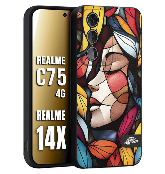 CUSTOMIZZA - Custodia cover nera morbida in tpu compatibile per Realme 14X - C75 4G Vetrata artistica volto di donna profilo fogliare mosaico di vetro colorato