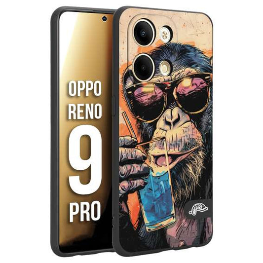 CUSTOMIZZA - Custodia cover nera morbida in tpu compatibile per Oppo Reno 9 PRO estate disegnata cocktails animali simpatici scimmia monkey negroni