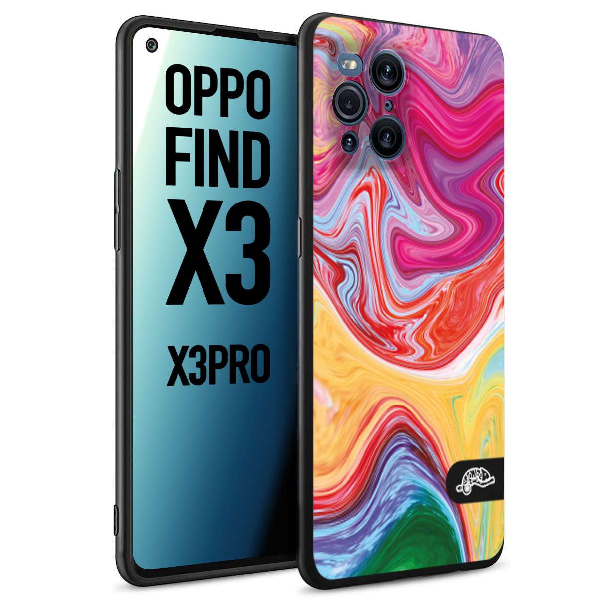 CUSTOMIZZA - Custodia cover nera morbida in tpu compatibile per Oppo Find X3 - Find X3 Pro 5G colorata fantasia vortice marmo onde verde fucsia gialla