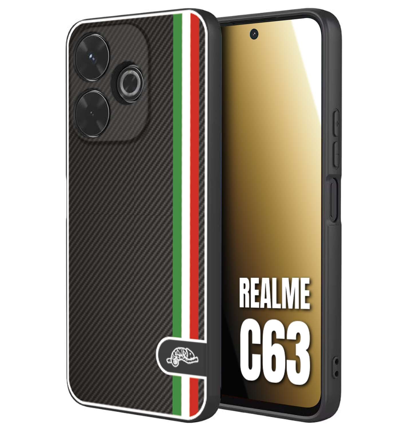 CUSTOMIZZA - Custodia cover nera morbida in tpu compatibile per Realme C63 effetto fibra di carbonio bandiera Italia made in Italy