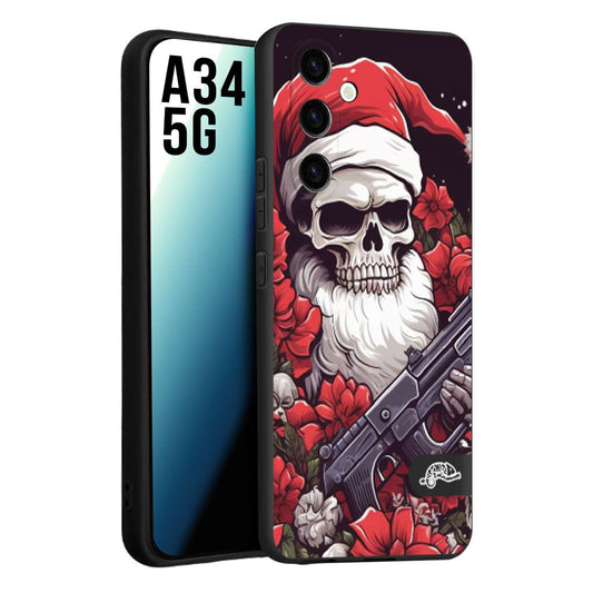 CUSTOMIZZA - Custodia cover nera morbida in tpu compatibile per Samsung A34 5G teschio natale santa claus fiori tattoo disegnato