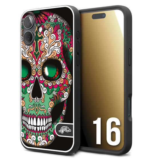 CUSTOMIZZA - Custodia cover nera morbida in tpu compatibile per iPhone 16 teschio messicano Mexican skull verde fucsia