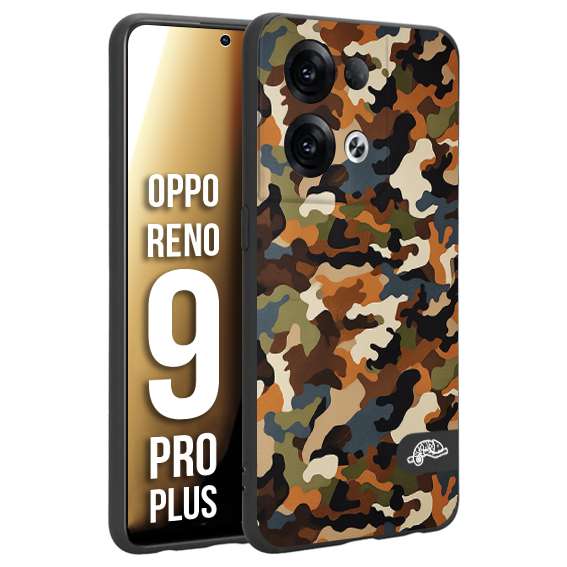 CUSTOMIZZA - Custodia cover nera morbida in tpu compatibile per Oppo Reno 9 PRO PLUS camouflage mimetico militare moderno blu marrone beige