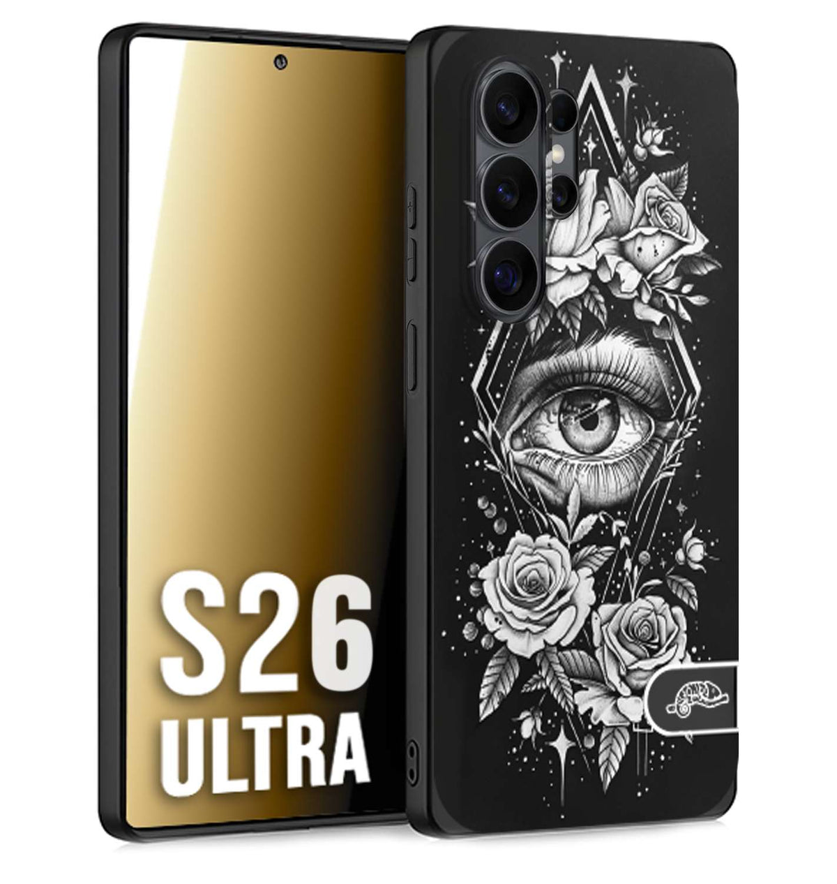CUSTOMIZZA - Custodia cover nera morbida in tpu compatibile per Samsung S26 ULTRA occhio fiori rombo geometrico black and white bianco a rilievo disegnato tattoo tatuaggio