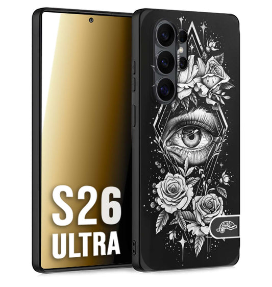 CUSTOMIZZA - Custodia cover nera morbida in tpu compatibile per Samsung S26 ULTRA occhio fiori rombo geometrico black and white bianco a rilievo disegnato tattoo tatuaggio