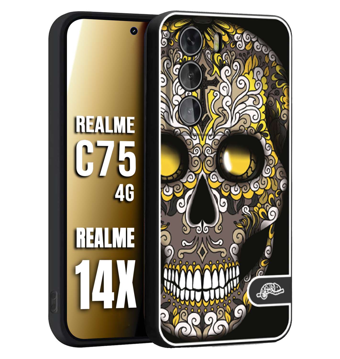 CUSTOMIZZA - Custodia cover nera morbida in tpu compatibile per Realme 14X - C75 4G teschio messicano Mexican skull nero giallo
