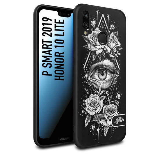 CUSTOMIZZA - Custodia cover nera morbida in tpu compatibile per Huawei P Smart 2019 occhio fiori rombo geometrico black and white bianco a rilievo disegnato tattoo tatuaggio