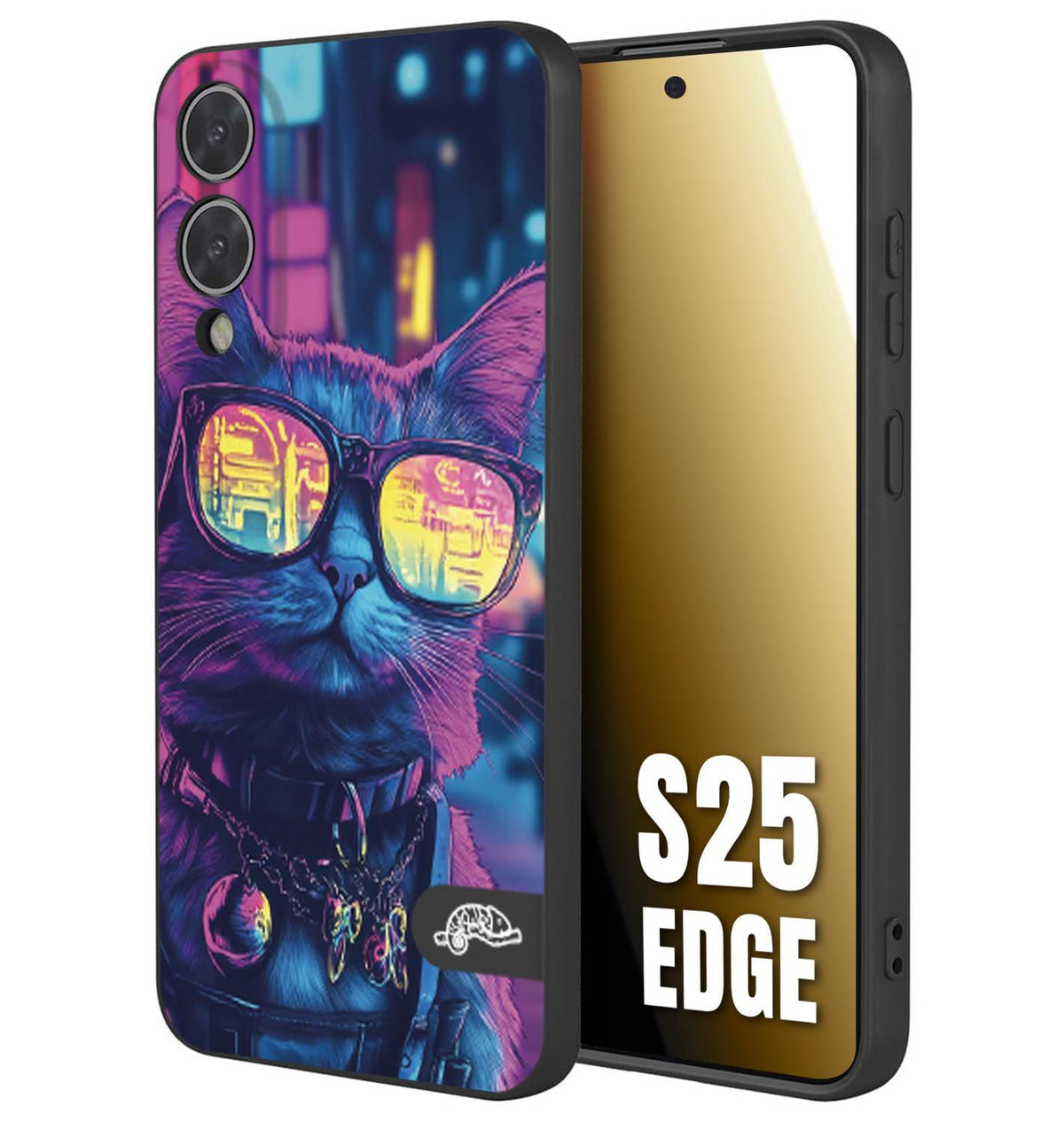 CUSTOMIZZA - Custodia cover nera morbida in tpu compatibile per Samsung S25 EDGE animali cyberpunk gatto street cat fucsia blu giallo