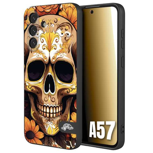 CUSTOMIZZA - Custodia cover nera morbida in tpu compatibile per Samsung A57 teschio messicano colorato dorato fiori tattoo disegnato