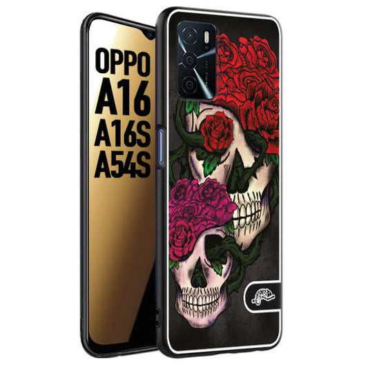 CUSTOMIZZA - Custodia cover nera morbida in tpu compatibile per Oppo A16 - A16S - A54S teschi e rose rosse fucsia skull and roses