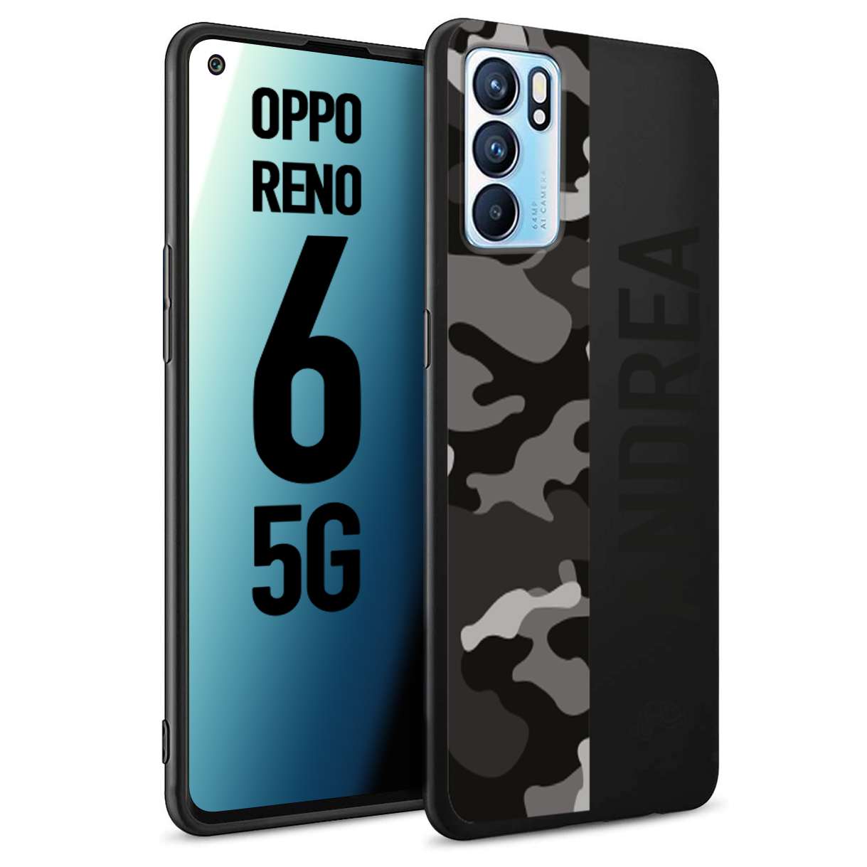 CUSTOMIZZA - Custodia cover nera morbida in tpu compatibile per Oppo Reno 6 5G camouflage mimetico militare personalizzata nome