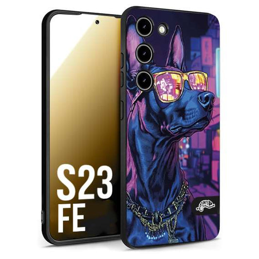 CUSTOMIZZA - Custodia cover nera morbida in tpu compatibile per Samsung S23 FE animali cyberpunk dobermann cane street dog fucsia blu night