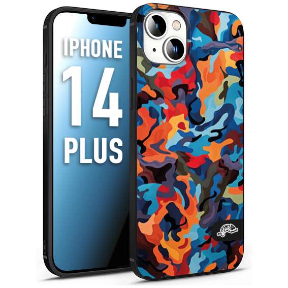 CUSTOMIZZA - Custodia cover nera morbida in tpu compatibile per iPhone 14 PLUS camouflage mimetico militare moderno blu arancio rosso