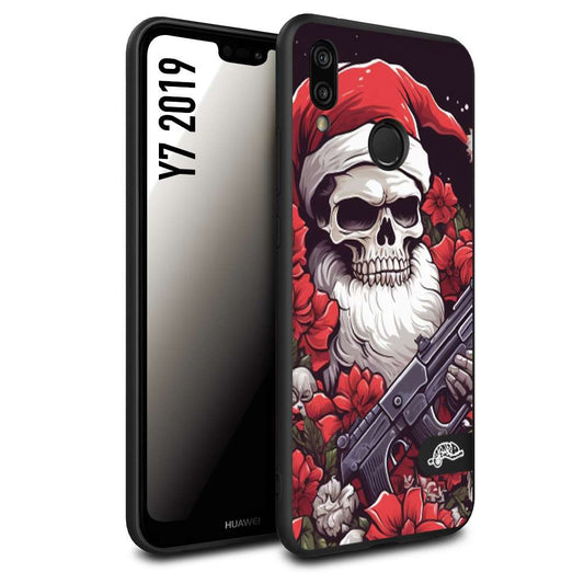 CUSTOMIZZA - Custodia cover nera morbida in tpu compatibile per Huawei Y7 2019 teschio natale santa claus fiori tattoo disegnato