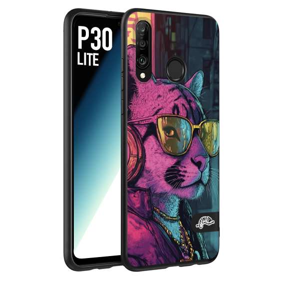 CUSTOMIZZA - Custodia cover nera morbida in tpu compatibile per Huawei P30 LITE animali cyberpunk pantera street cat fucsia blu giallo