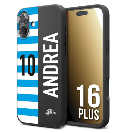 CUSTOMIZZA - Custodia cover nera morbida in tpu compatibile per iPhone 16 PLUS personalizzata calcio football nome e numero calciatori biancazzurri