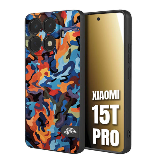 CUSTOMIZZA - Custodia cover nera morbida in tpu compatibile per Xiaomi 15T PRO camouflage mimetico militare moderno blu arancio rosso