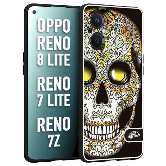 CUSTOMIZZA - Custodia cover nera morbida in tpu compatibile per Oppo Reno 7 Lite - 8 Lite - 7Z teschio messicano Mexican skull bianco verde giallo