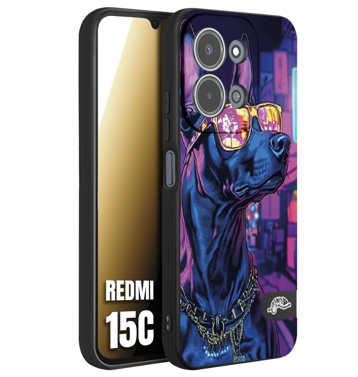 CUSTOMIZZA - Custodia cover nera morbida in tpu compatibile per Xiaomi Redmi 15C animali cyberpunk dobermann cane street dog fucsia blu night