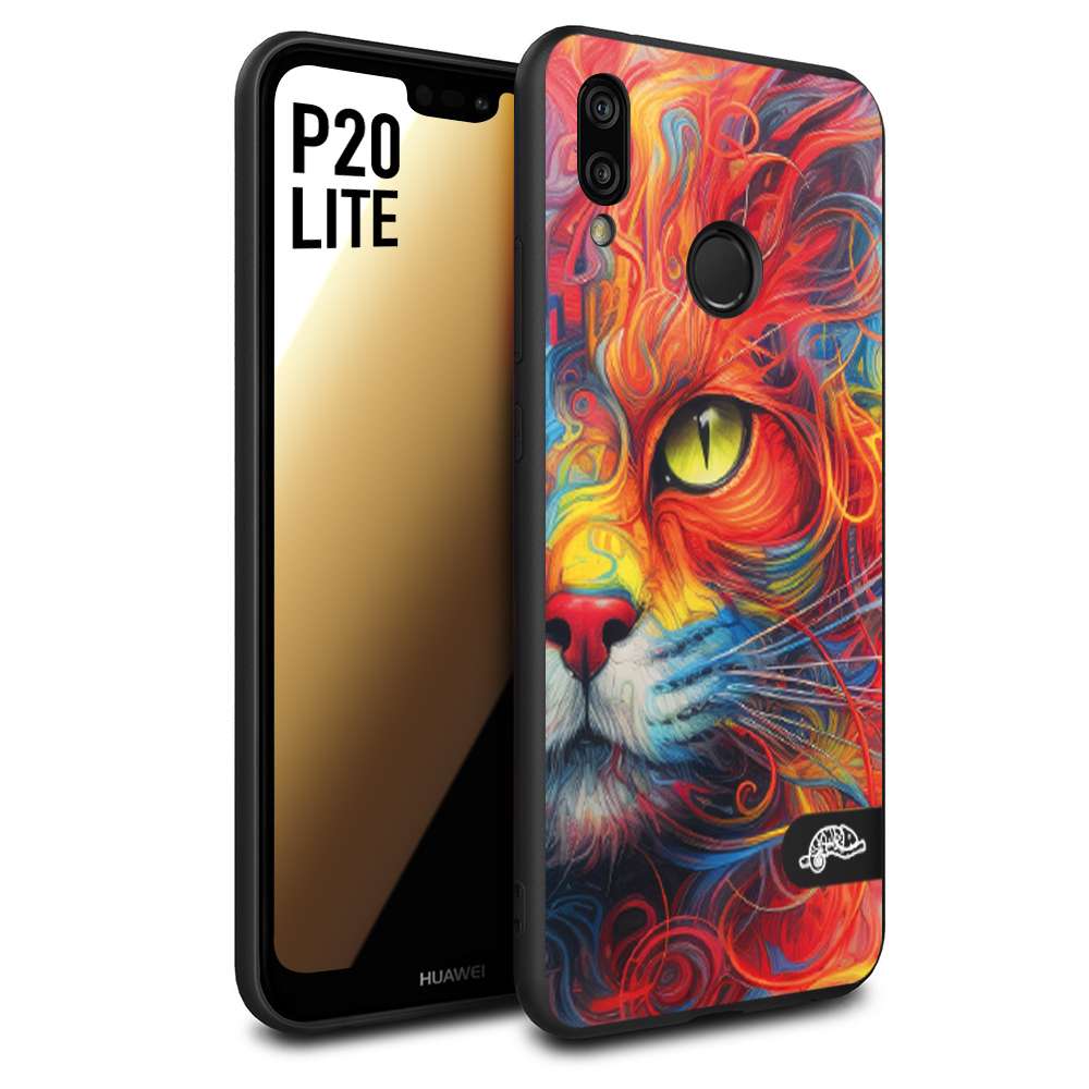 CUSTOMIZZA - Custodia cover nera morbida in tpu compatibile per Huawei P20 LITE animali color cat gatto viso colori vibranti disegnato schizzo