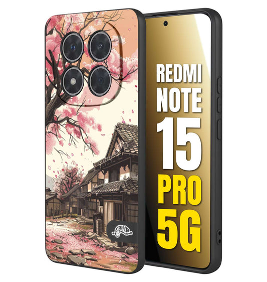 CUSTOMIZZA - Custodia cover nera morbida in tpu compatibile per Xiaomi Redmi Note 15 PRO 5G casa giapponese rosa ciliegio in fiore disegnata tattoo