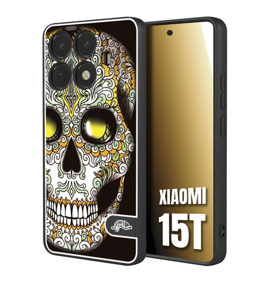 CUSTOMIZZA - Custodia cover nera morbida in tpu compatibile per Xiaomi 15T teschio messicano Mexican skull bianco verde giallo