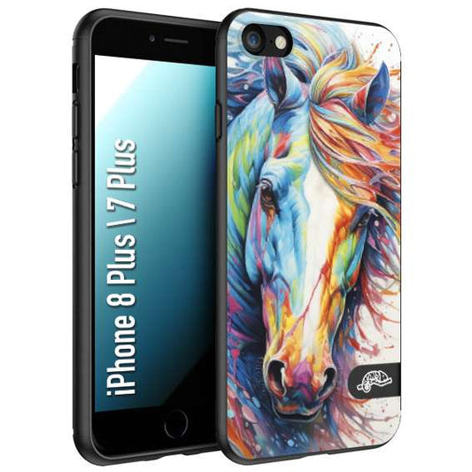 CUSTOMIZZA - Custodia cover nera morbida in tpu compatibile per iPhone 7 Plus - 8 plus animali color cavallo horse viso colori vibranti disegnato schizzo