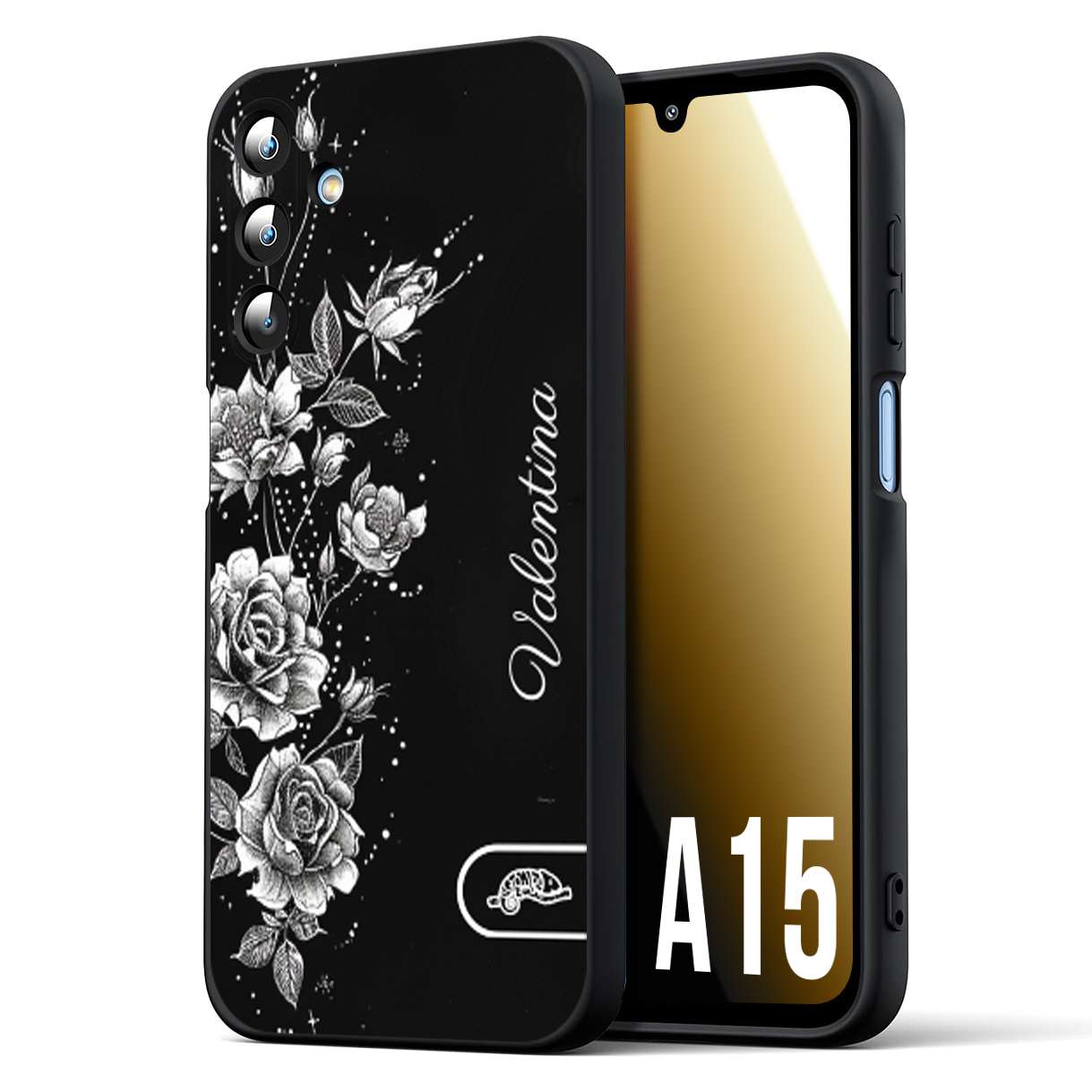 CUSTOMIZZA - Custodia cover nera morbida in tpu compatibile per Samsung A15 5G a rilievo soft touch personalizzata nome rose fiori donna