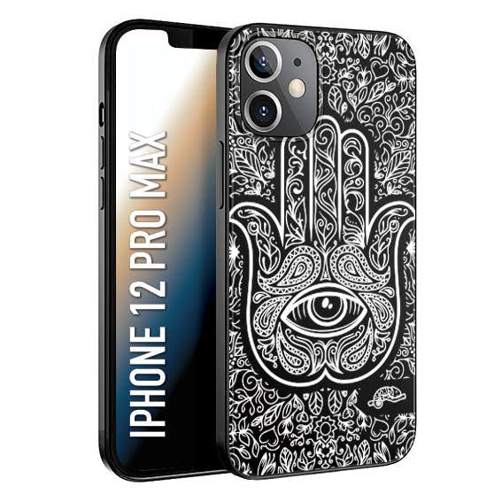 CUSTOMIZZA - Custodia cover nera morbida in tpu compatibile per iPhone 12 PRO MAX mano di fatima effetto rilievo mandala donna