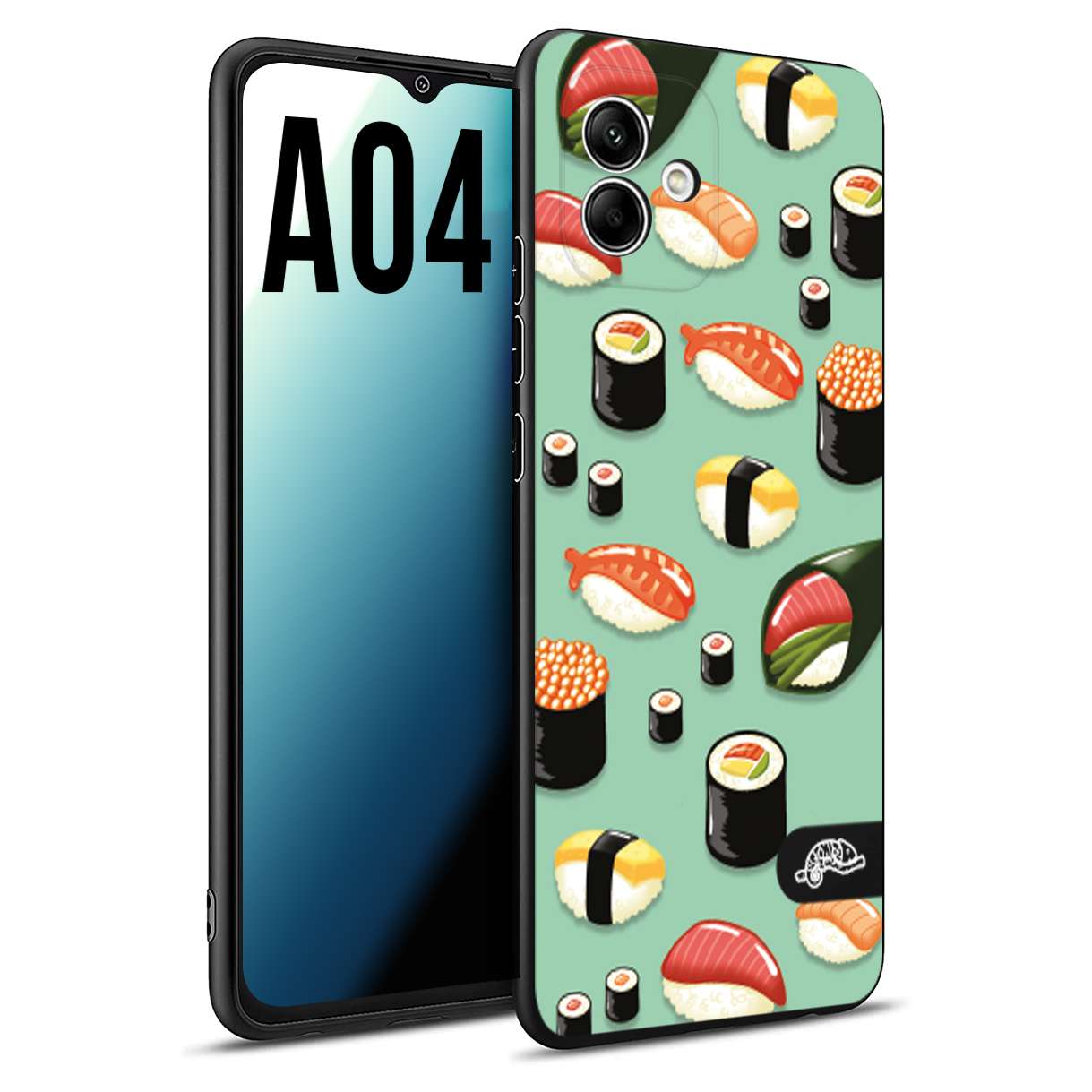 CUSTOMIZZA - Custodia cover nera morbida in tpu compatibile per Samsung A04 sushi disegni giapponese nighiri acquamarina verde