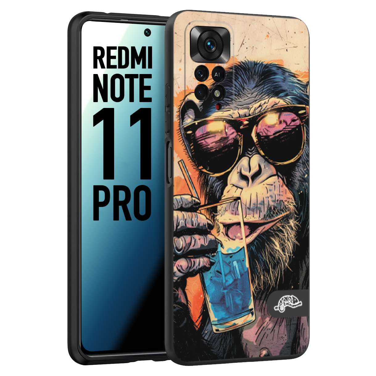 CUSTOMIZZA - Custodia cover nera morbida in tpu compatibile per Xiaomi Redmi Note 11 PRO estate disegnata cocktails animali simpatici scimmia monkey negroni