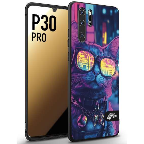 CUSTOMIZZA - Custodia cover nera morbida in tpu compatibile per Huawei P30 PRO animali cyberpunk gatto street cat fucsia blu giallo
