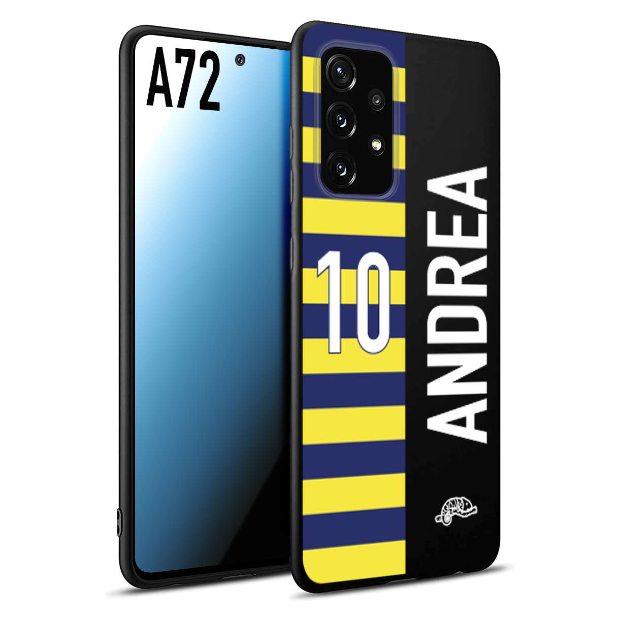 CUSTOMIZZA - Custodia cover nera morbida in tpu compatibile per Samsung A72 personalizzata calcio football nome e numero calciatori giallo blu