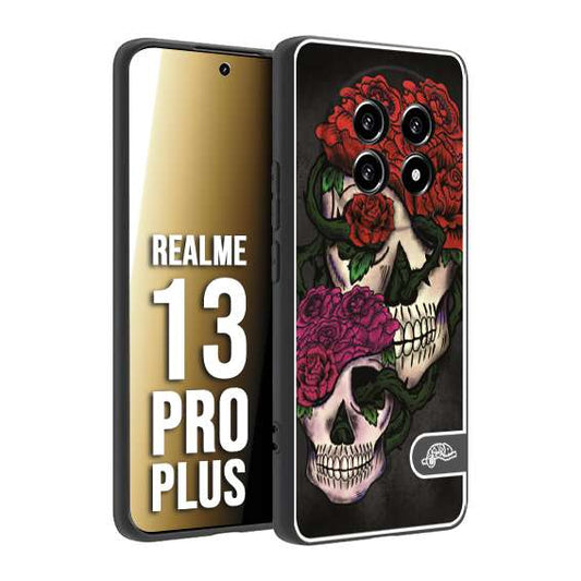 CUSTOMIZZA - Custodia cover nera morbida in tpu compatibile per Realme 13 PRO PLUS teschi e rose rosse fucsia skull and roses