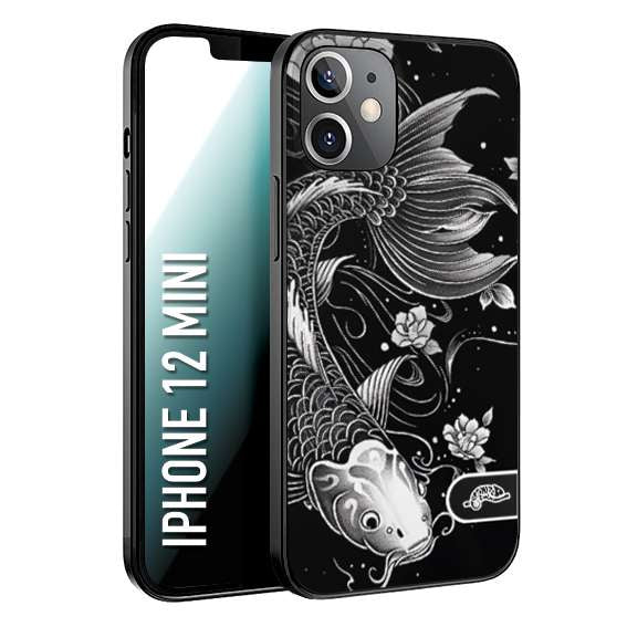 CUSTOMIZZA - Custodia cover nera morbida in tpu compatibile per iPhone 12 MINI carpa koi black and white bianco a rilievo disegnato tattoo tatuaggio