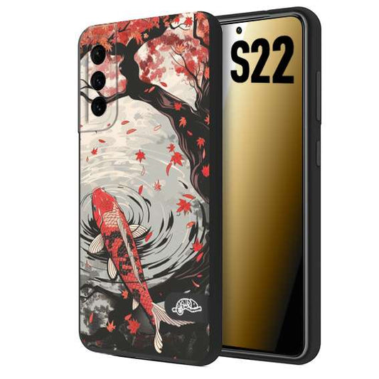 CUSTOMIZZA - Custodia cover nera morbida in tpu compatibile per Samsung S22 giapponese lago carpa koi rossa con foglie d'acero rosso disegnata tattoo