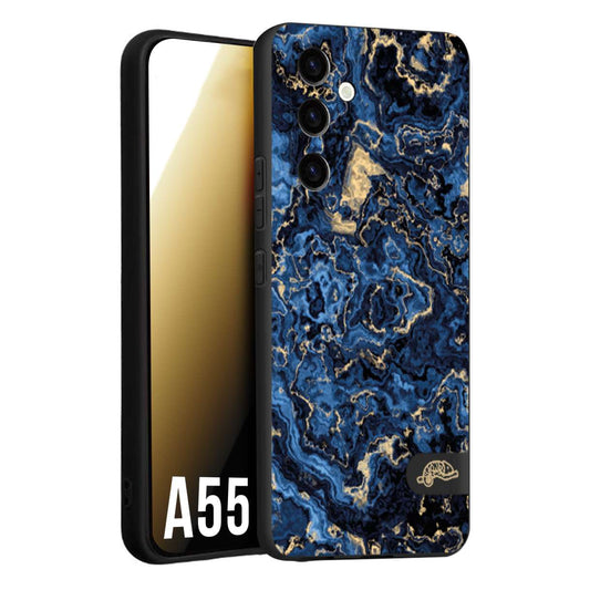 CUSTOMIZZA - Custodia cover nera morbida in tpu compatibile per Samsung A55 5G effetto marmo marble blu venature dorato psichedelico