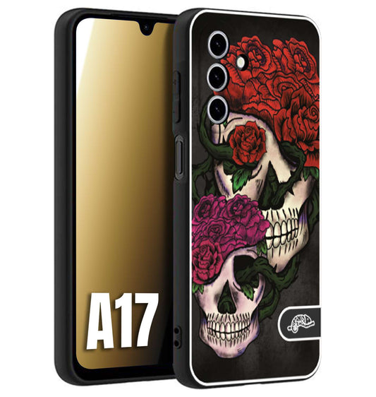 CUSTOMIZZA - Custodia cover nera morbida in tpu compatibile per Samsung A17 teschi e rose rosse fucsia skull and roses