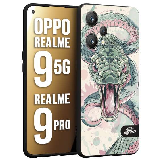 CUSTOMIZZA - Custodia cover nera morbida in tpu compatibile per Realme 9 5G - 9 PRO snake pink green serpente tatuaggio tattoo disegnato a mano